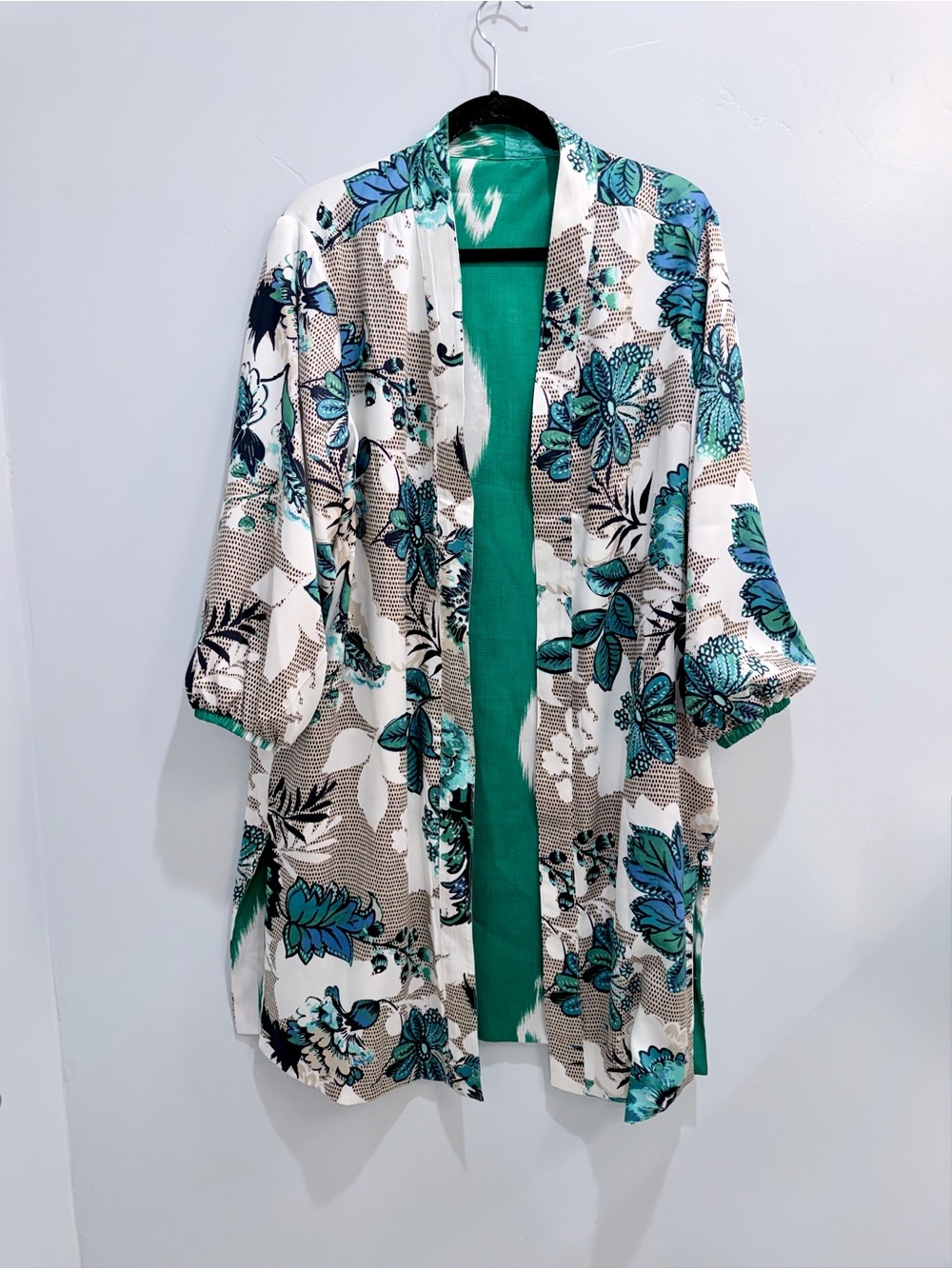 Chico's Reversible Duster Jacket Tropic Emerald Ikat Floral Satin Size 3 16 NWT - Picture 11 of 16